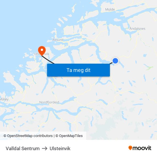 Valldal Sentrum to Ulsteinvik map