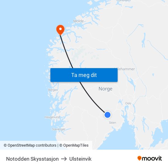 Notodden Skysstasjon to Ulsteinvik map