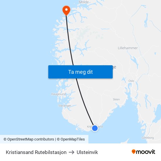 Kristiansand Rutebilstasjon to Ulsteinvik map