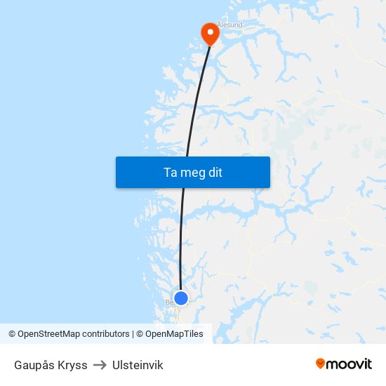 Gaupås Kryss to Ulsteinvik map