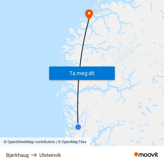 Bjørkhaug to Ulsteinvik map