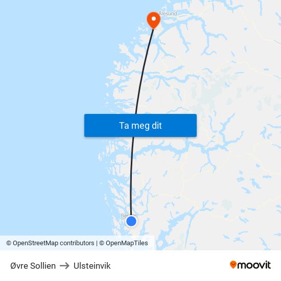 Øvre Sollien to Ulsteinvik map