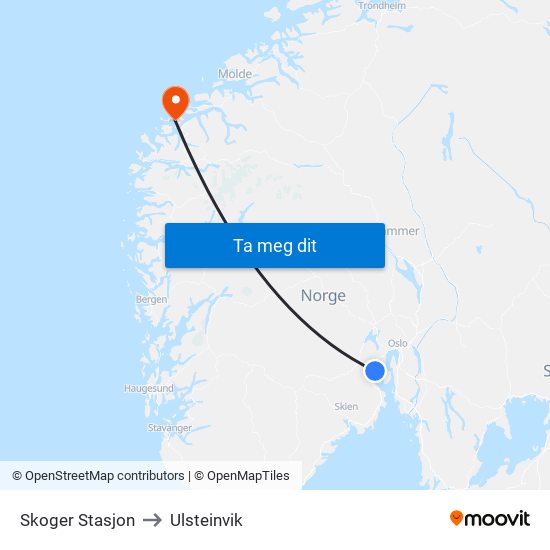 Skoger Stasjon to Ulsteinvik map