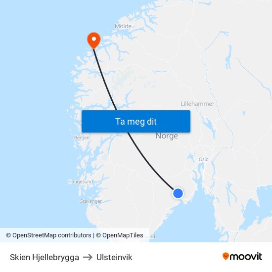 Skien Hjellebrygga to Ulsteinvik map