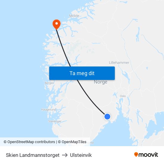 Skien Landmannstorget to Ulsteinvik map