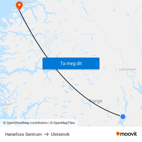 Hønefoss Sentrum to Ulsteinvik map