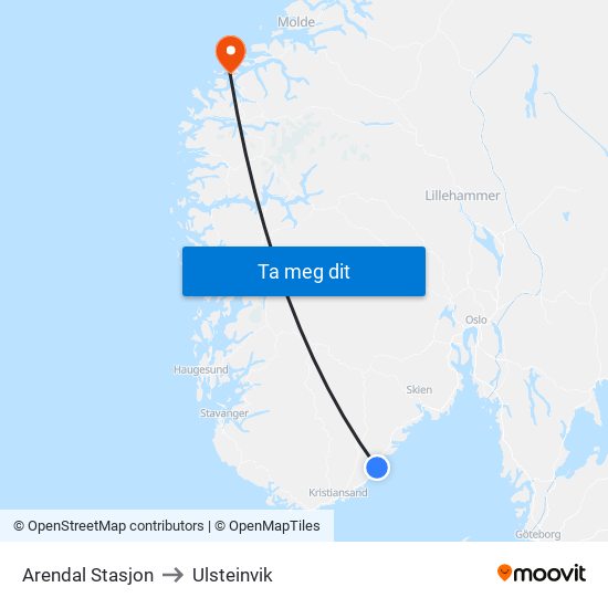 Arendal Stasjon to Ulsteinvik map