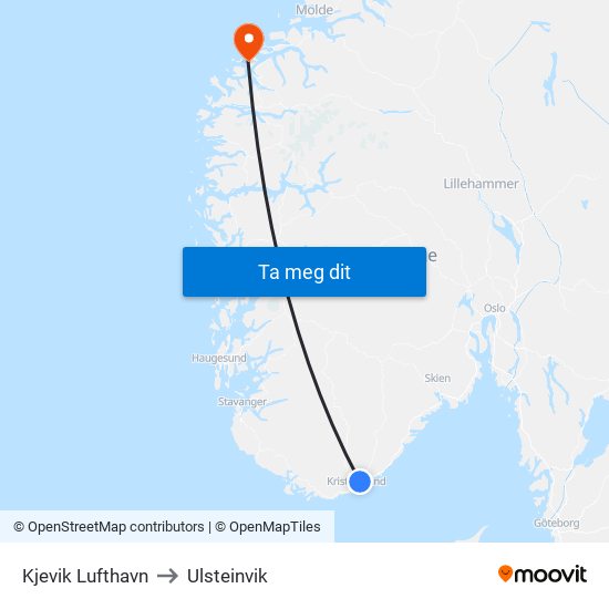 Kjevik Lufthavn to Ulsteinvik map
