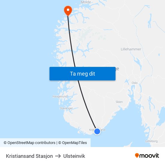 Kristiansand Stasjon to Ulsteinvik map