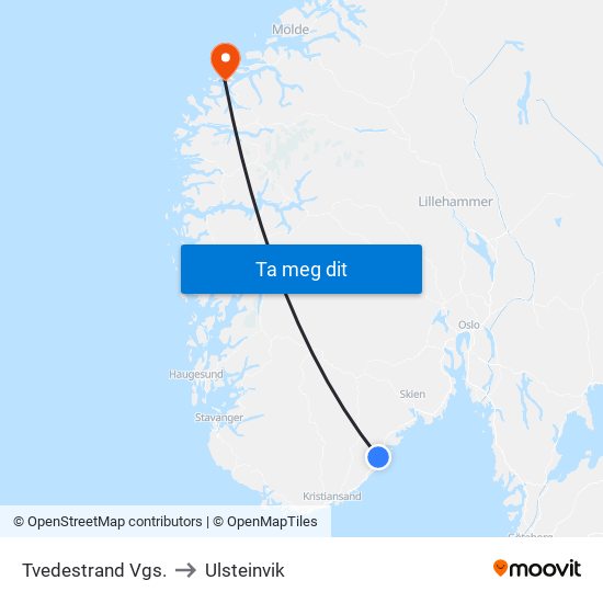 Tvedestrand Vgs. to Ulsteinvik map