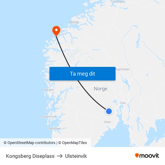 Kongsberg Diseplass to Ulsteinvik map