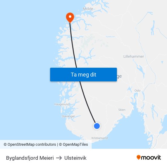 Byglandsfjord Meieri to Ulsteinvik map