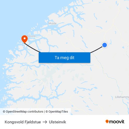 Kongsvold Fjeldstue to Ulsteinvik map