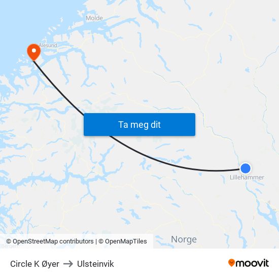 Circle K Øyer to Ulsteinvik map