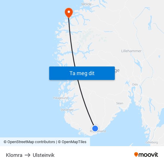 Klomra to Ulsteinvik map