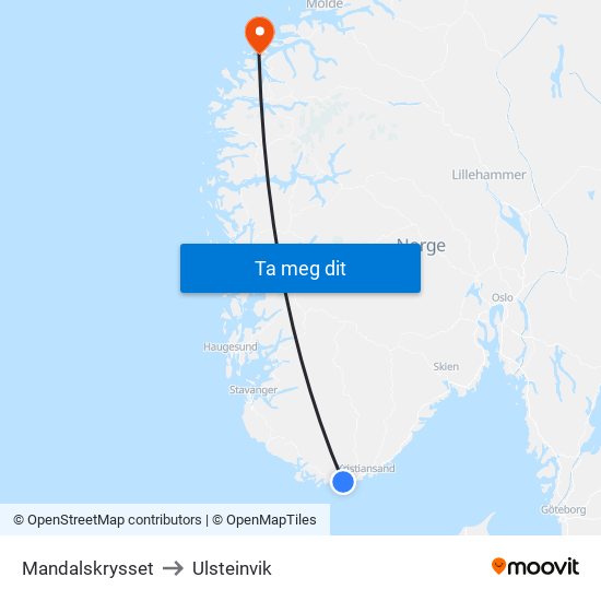 Mandalskrysset to Ulsteinvik map