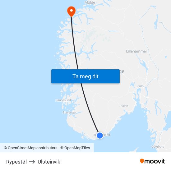 Rypestøl to Ulsteinvik map