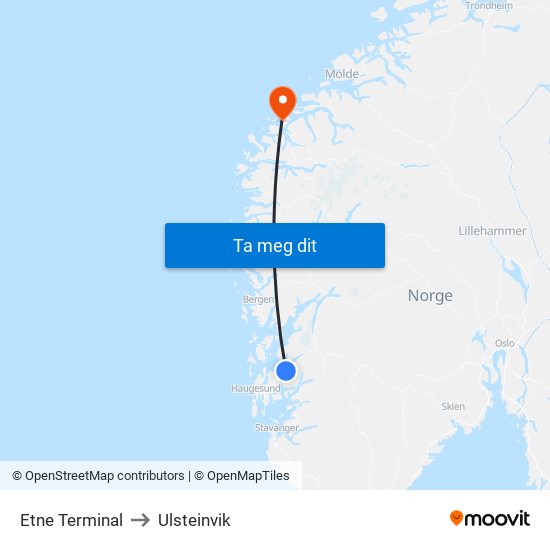 Etne Terminal to Ulsteinvik map