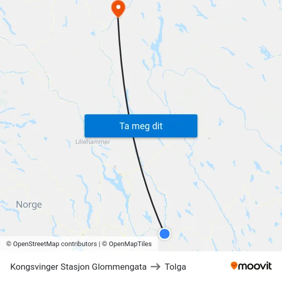 Kongsvinger Stasjon Glommengata to Tolga map