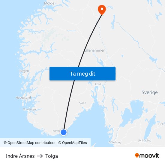 Indre Årsnes to Tolga map