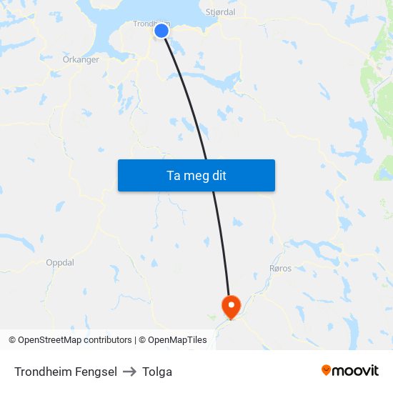 Trondheim Fengsel to Tolga map