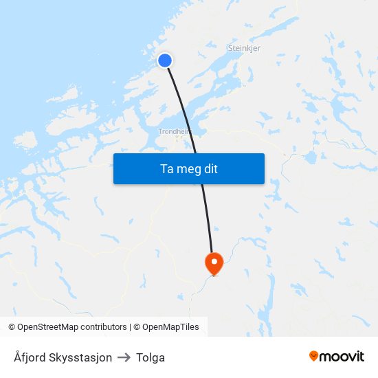 Åfjord Skysstasjon to Tolga map