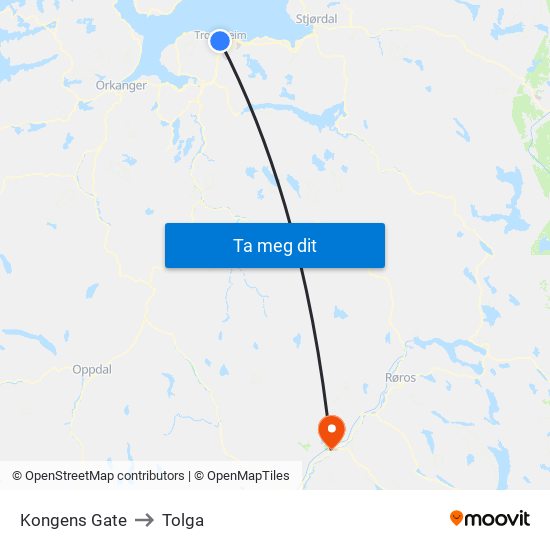 Kongens Gate to Tolga map