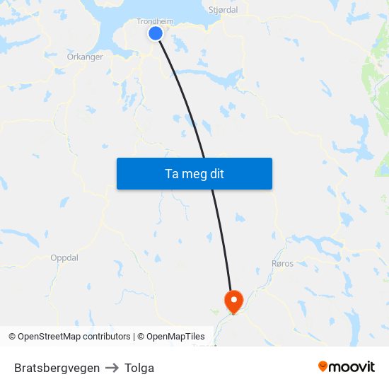 Bratsbergvegen to Tolga map