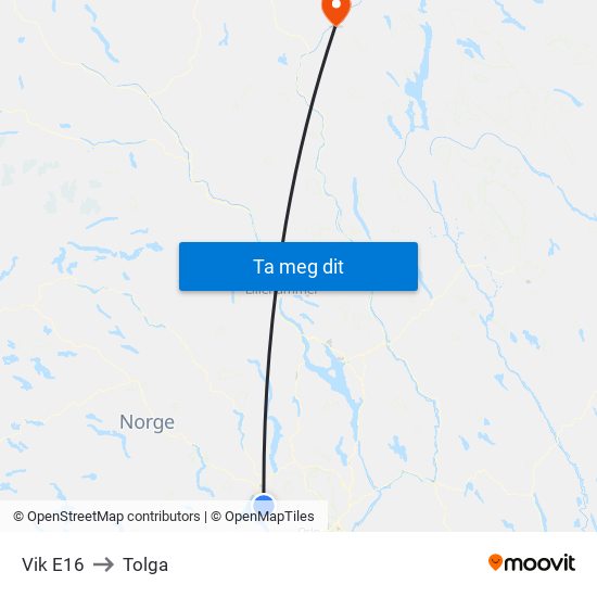 Vik E16 to Tolga map