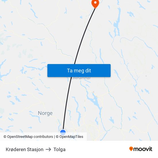 Krøderen Stasjon to Tolga map