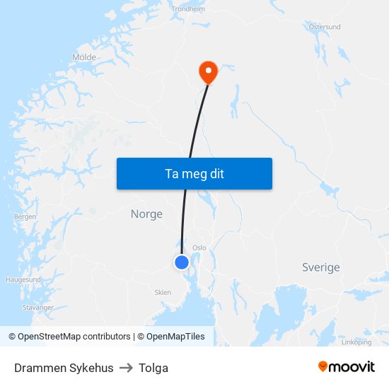 Drammen Sykehus to Tolga map