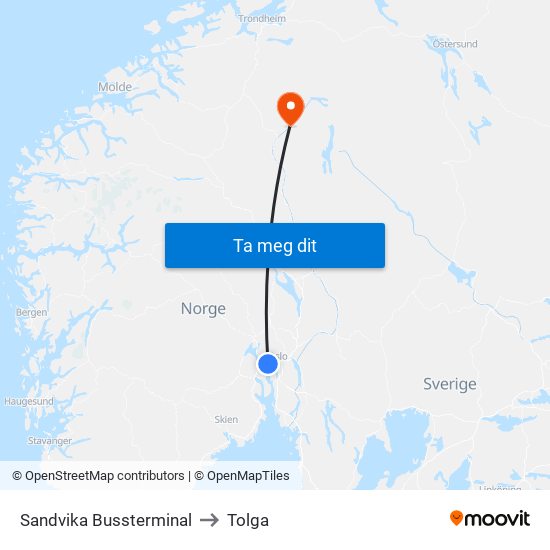 Sandvika Bussterminal to Tolga map