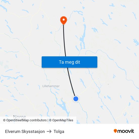 Elverum Skysstasjon to Tolga map