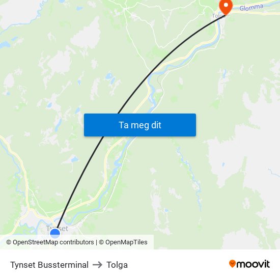 Tynset Bussterminal to Tolga map
