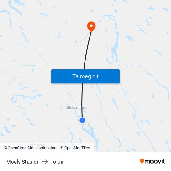 Moelv Stasjon to Tolga map