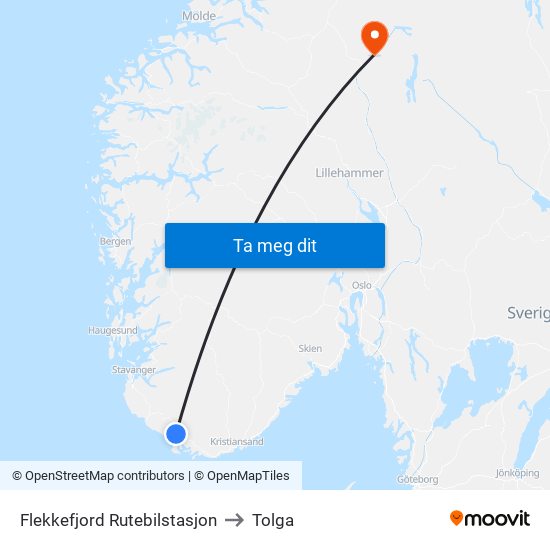 Flekkefjord Rutebilstasjon to Tolga map