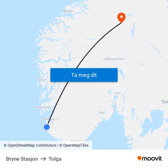 Bryne Stasjon to Tolga map