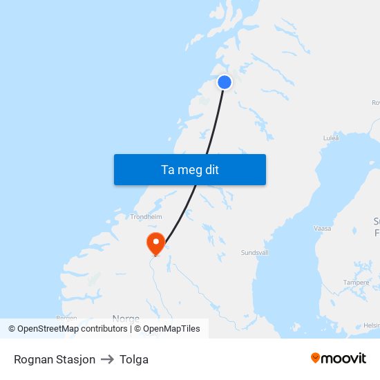 Rognan Stasjon to Tolga map