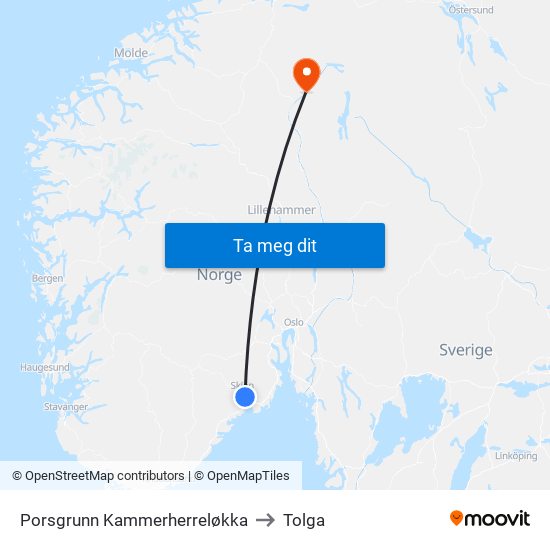 Porsgrunn Kammerherreløkka to Tolga map