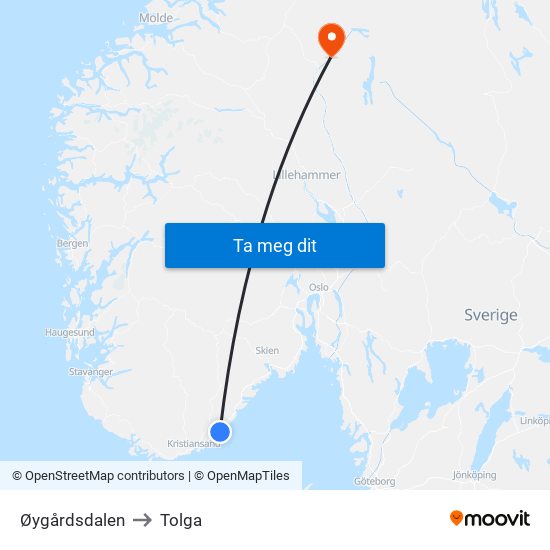 Øygårdsdalen to Tolga map