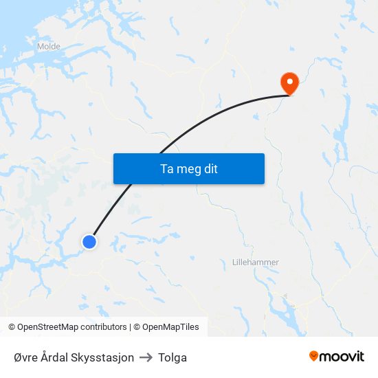 Øvre Årdal Skysstasjon to Tolga map