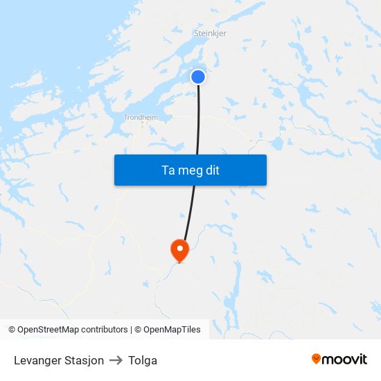 Levanger Stasjon to Tolga map