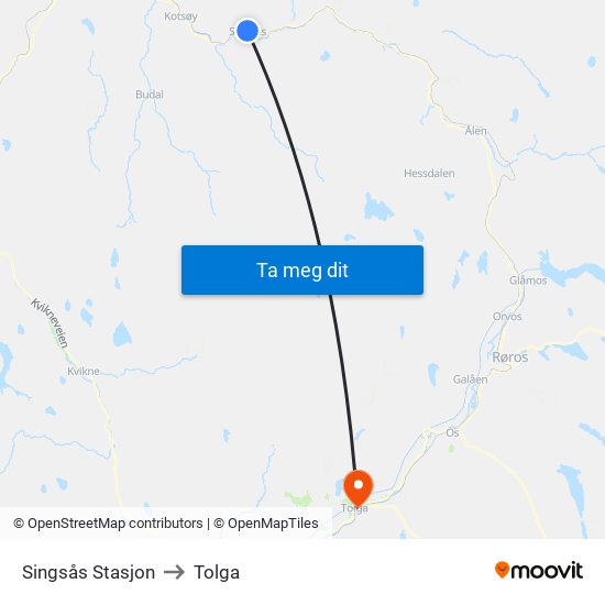 Singsås Stasjon to Tolga map