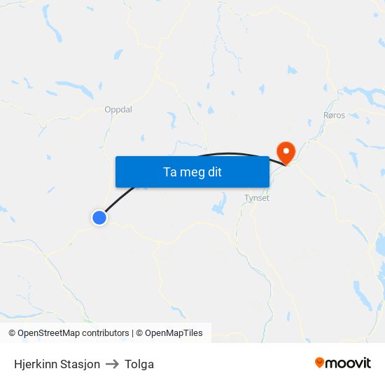 Hjerkinn Stasjon to Tolga map