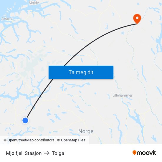 Mjølfjell Stasjon to Tolga map