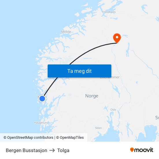 Bergen Busstasjon to Tolga map