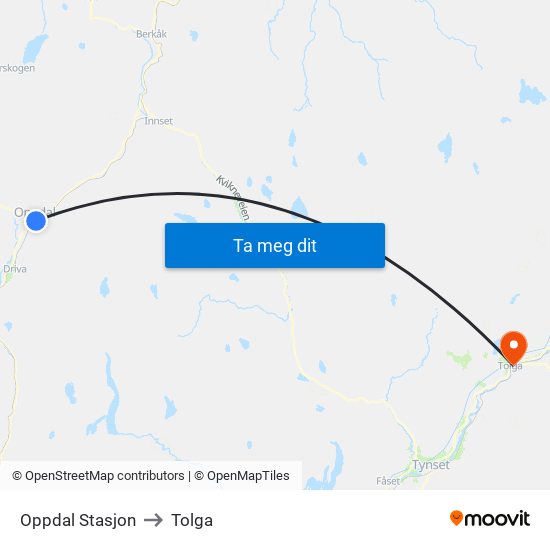 Oppdal Stasjon to Tolga map