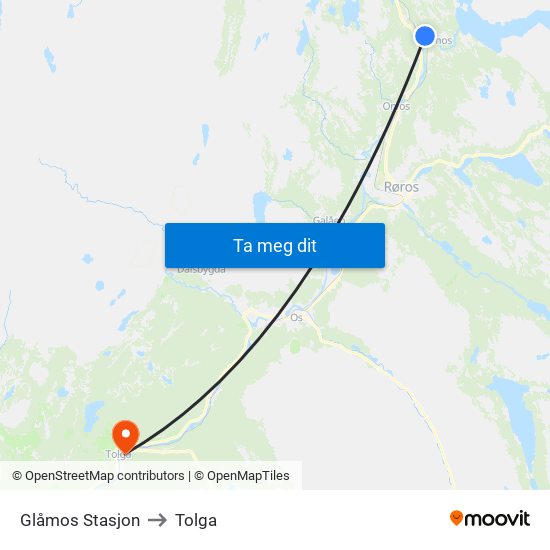 Glåmos Stasjon to Tolga map