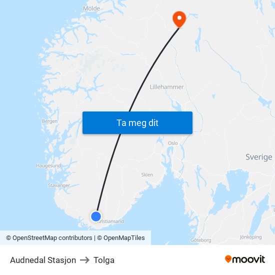 Audnedal Stasjon to Tolga map