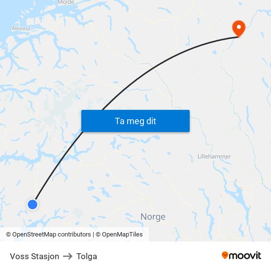 Voss Stasjon to Tolga map